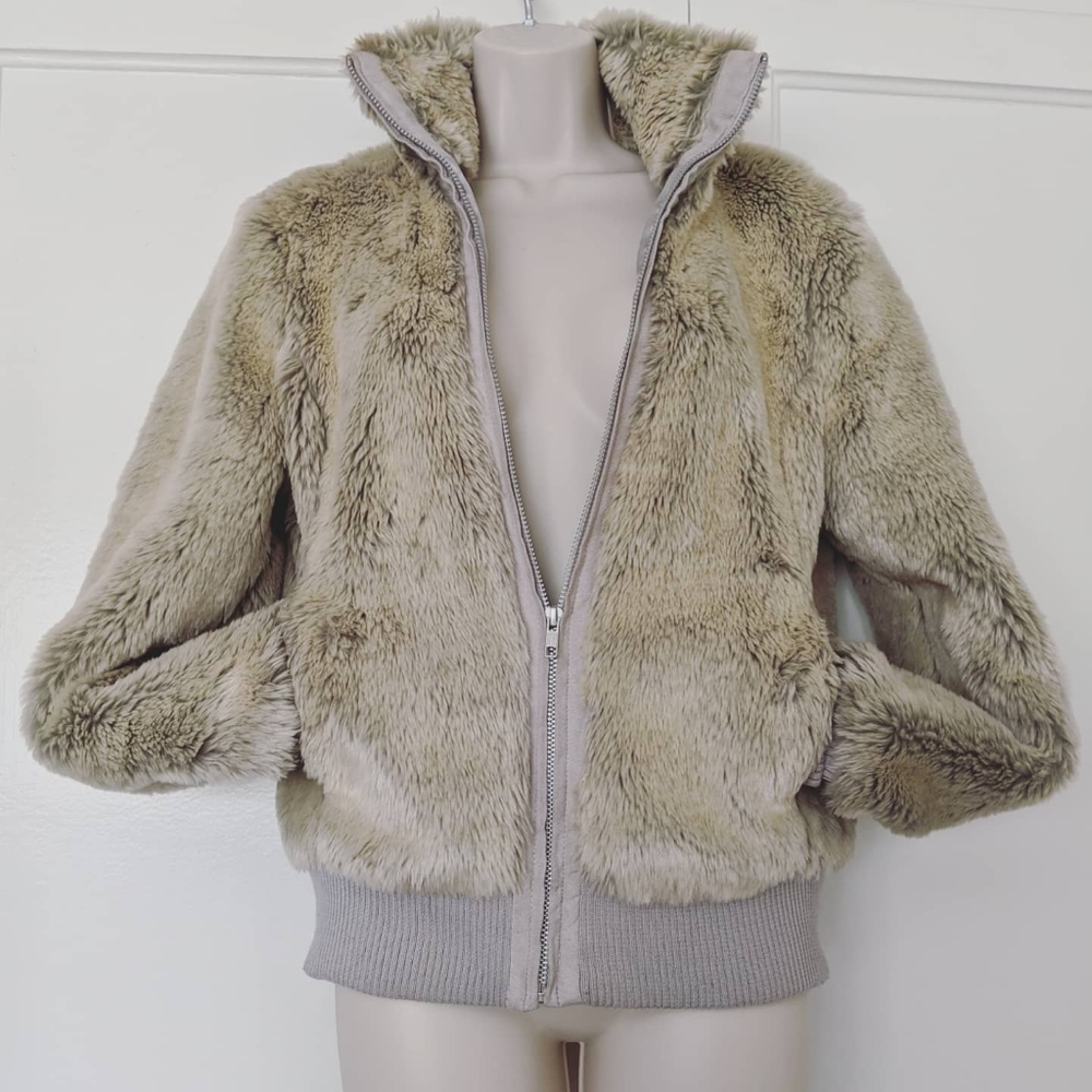 Topshop Cream & Grey Faux Fur Zipped Bomber Jacket